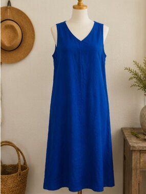 J.Jill Love Linen Royal Blue 100% Linen Pockets Maxi Dress L Coastal Minimalist